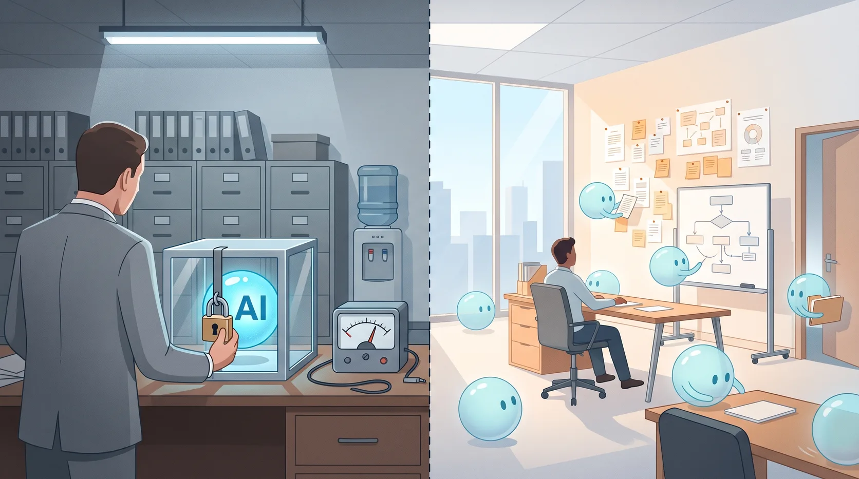 Split office scene: on the left a manager padlocks an AI orb inside a glass box next to a usage meter, on the right one person works at a desk while AI orbs move freely around the room reading notes and diagrams
