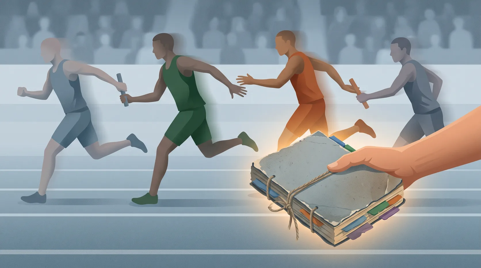 Relay runners blurred mid-handover on a track, while in sharp focus in the foreground a hand holds a worn, string-bound notebook full of tabs, the only fully lit thing in the scene