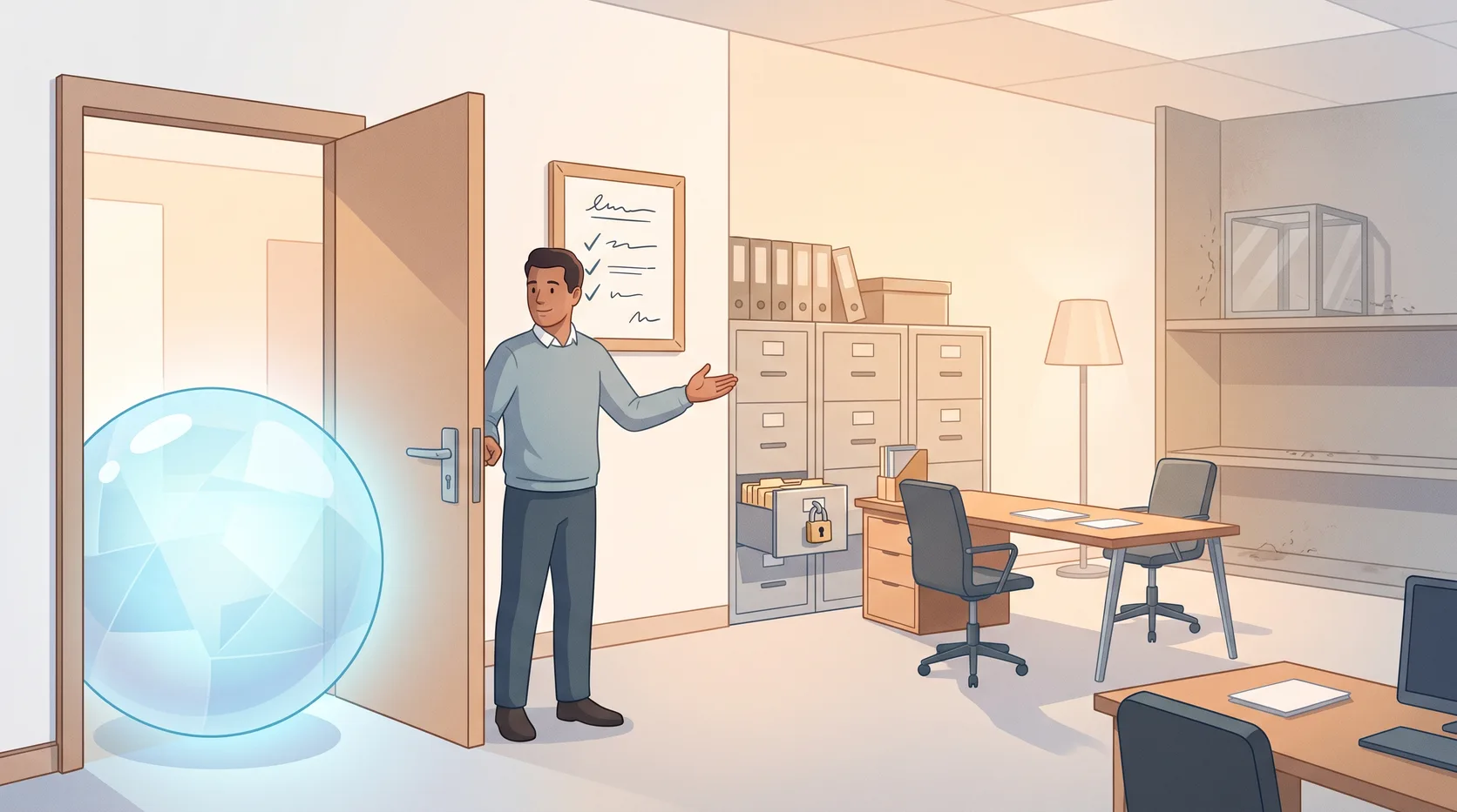 A person holds an office door open and gestures toward a framed page of rules on the wall, welcoming a glowing AI orb in; behind them a filing cabinet with one drawer still padlocked, and an abandoned glass box on a far shelf