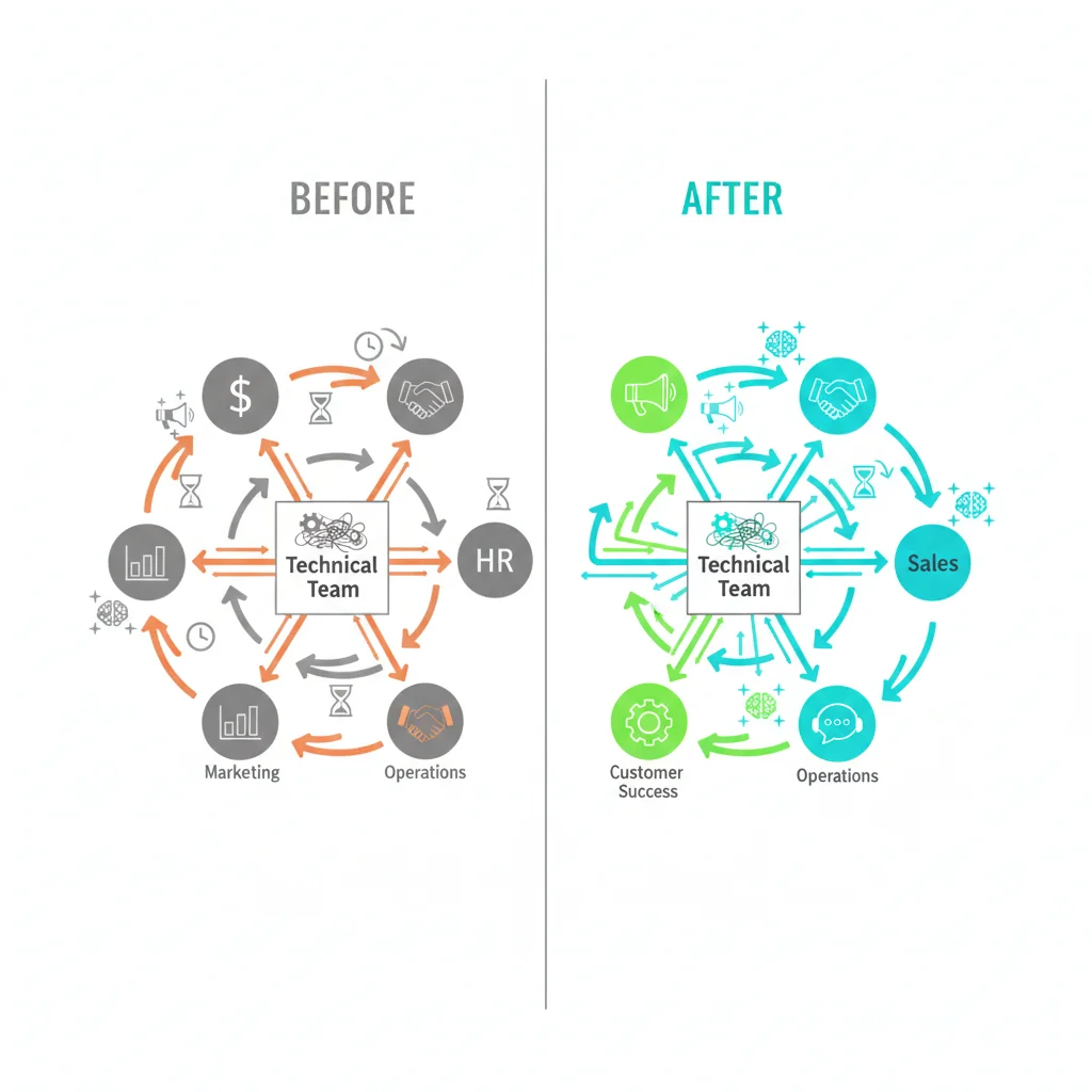 Information flow in organizations: siloed knowledge creates bottlenecks where non-technical teams wait for technical experts, versus democratized AI access where every team can access information directly