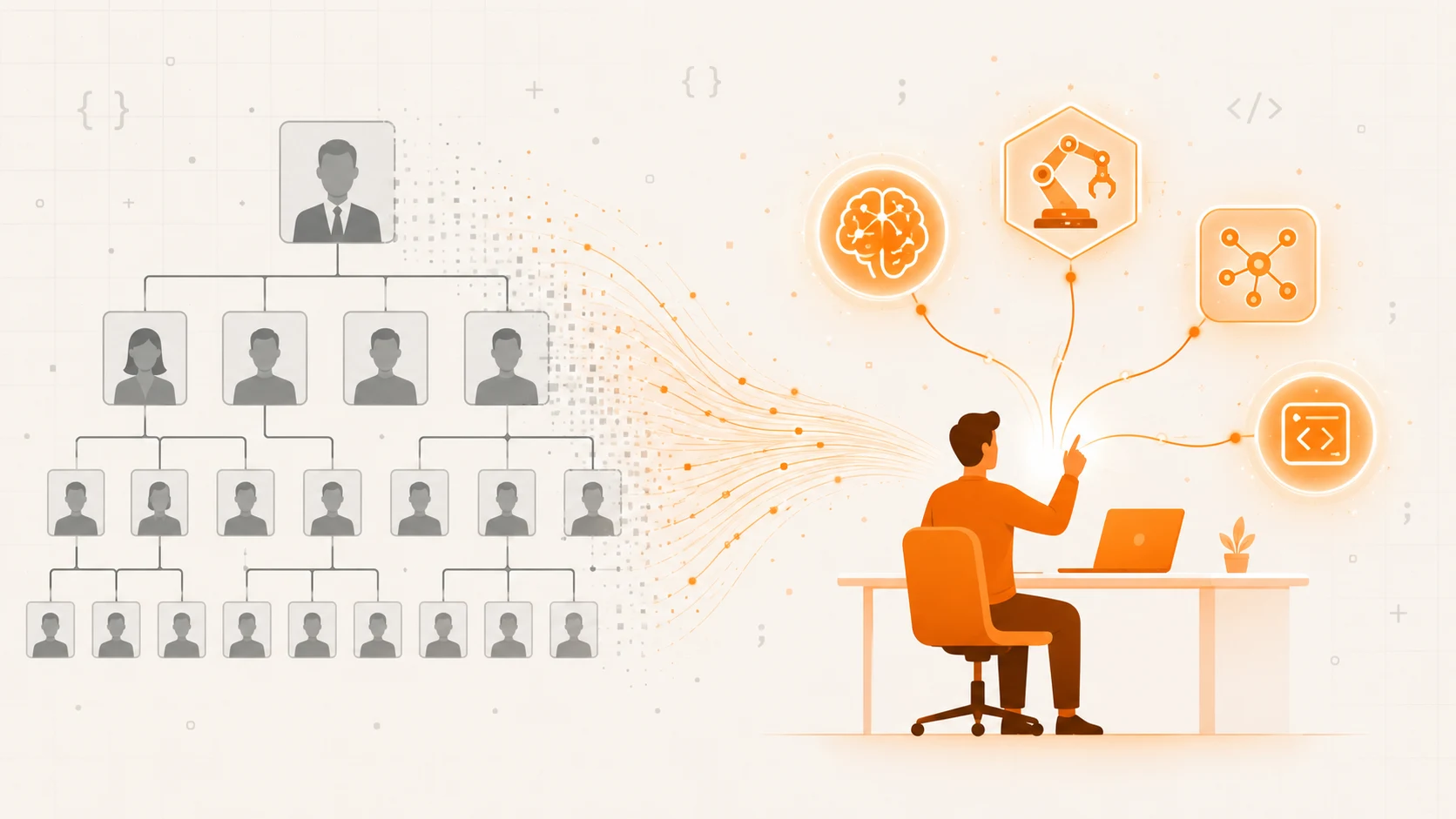 A traditional org chart on the left dissolving into a single person directing AI agents on the right