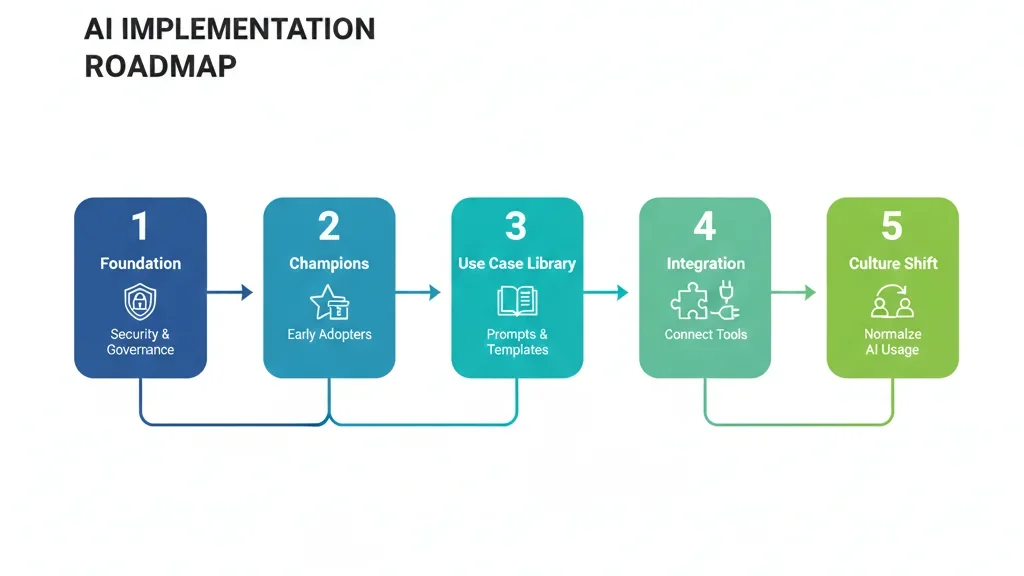 Five-phase implementation roadmap: Foundation (security and governance), Champions Program (early adopters), Use Case Library (templates and prompts), Integration (connect to existing tools), Culture Shift (normalize AI usage)