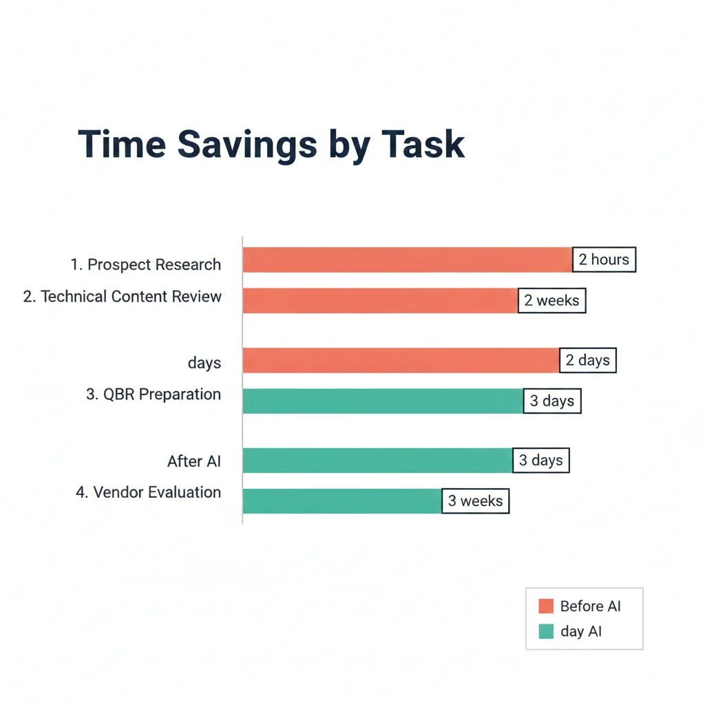 Time spent on common tasks before and after AI adoption: prospect research drops from 2 hours to 20 minutes, technical content review from 2 weeks to 3 days, QBR preparation from 2 days to 2 hours, vendor evaluation from 3 weeks to 3 days