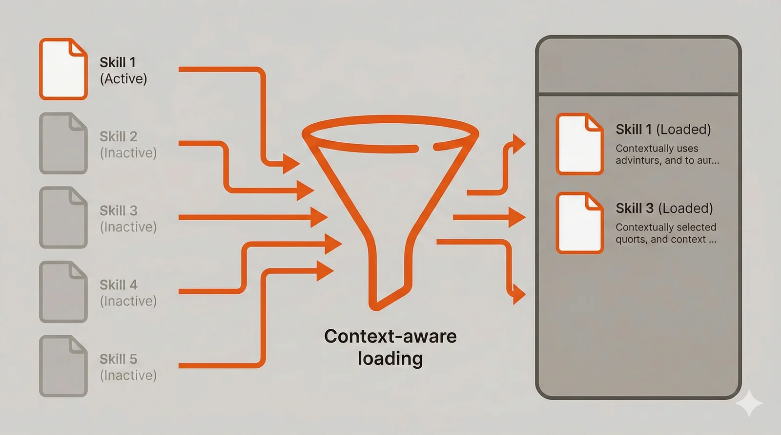 Skills progressive loading - many skills available but only relevant ones loaded into context