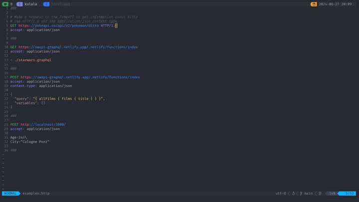 Kulala.nvim demo showing HTTP request execution in Neovim