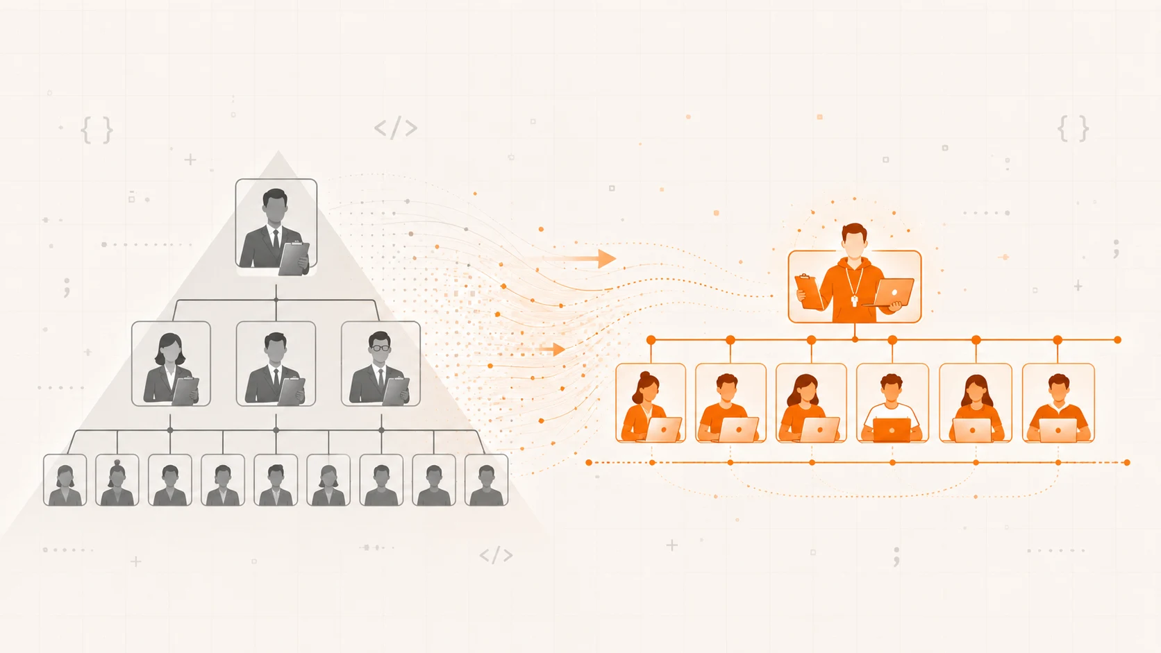 A pyramid-shaped org chart inverting itself, with managers being reshuffled into player-coach roles that combine leadership with shipping