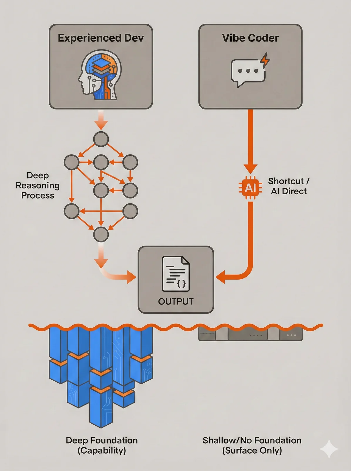 Two paths to the same output—but vastly different depths of understanding beneath the surface.