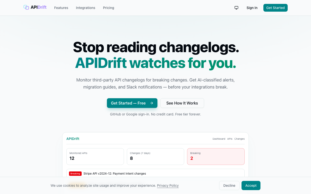 APIDrift dashboard showing monitored APIs and breaking change alerts