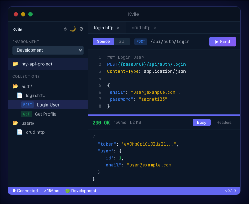Kvile app screenshot showing HTTP request editor with syntax highlighting, collections sidebar, and JSON response