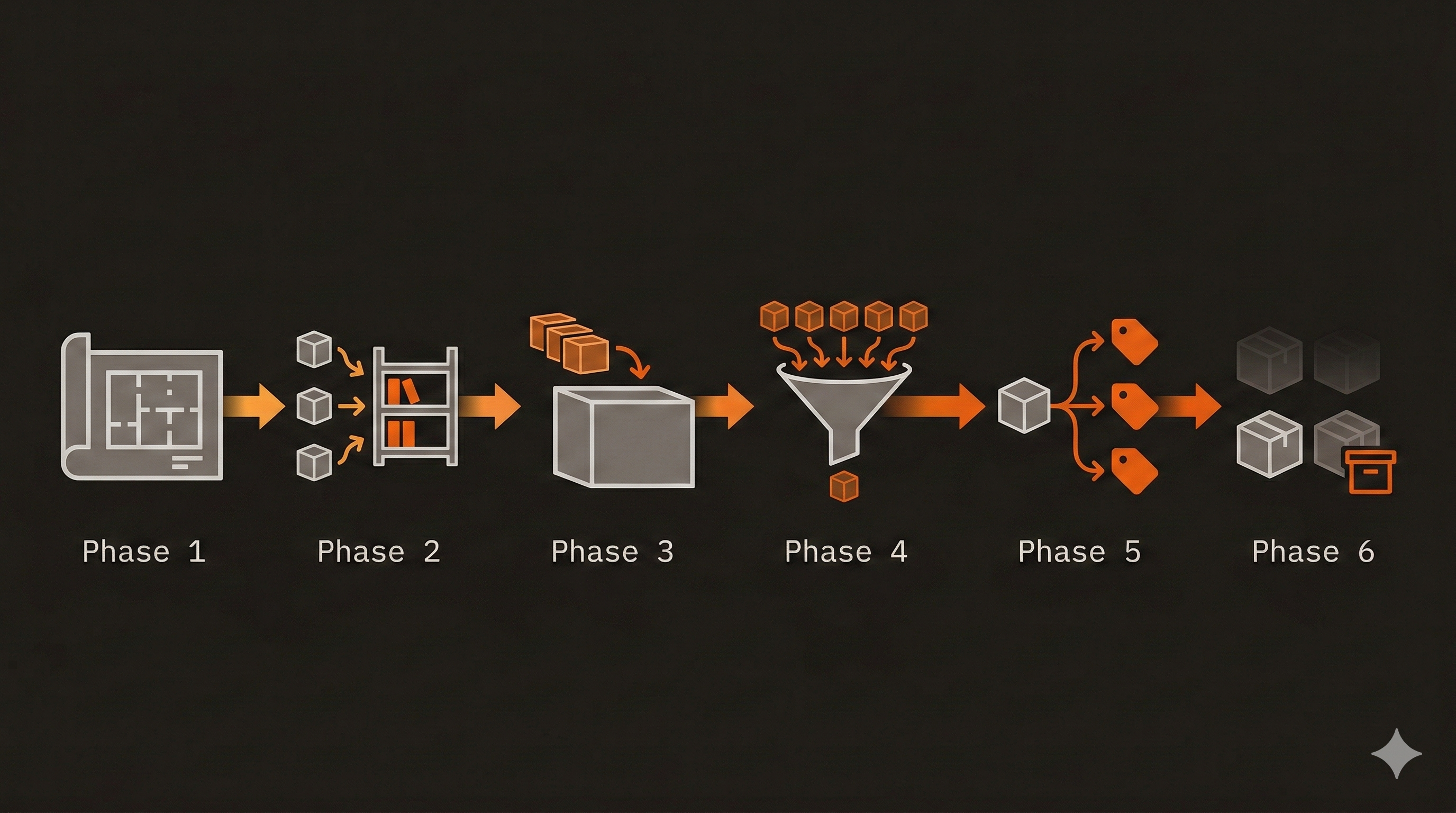 Flowchart showing the six phases of migration from multi-repo to monorepo