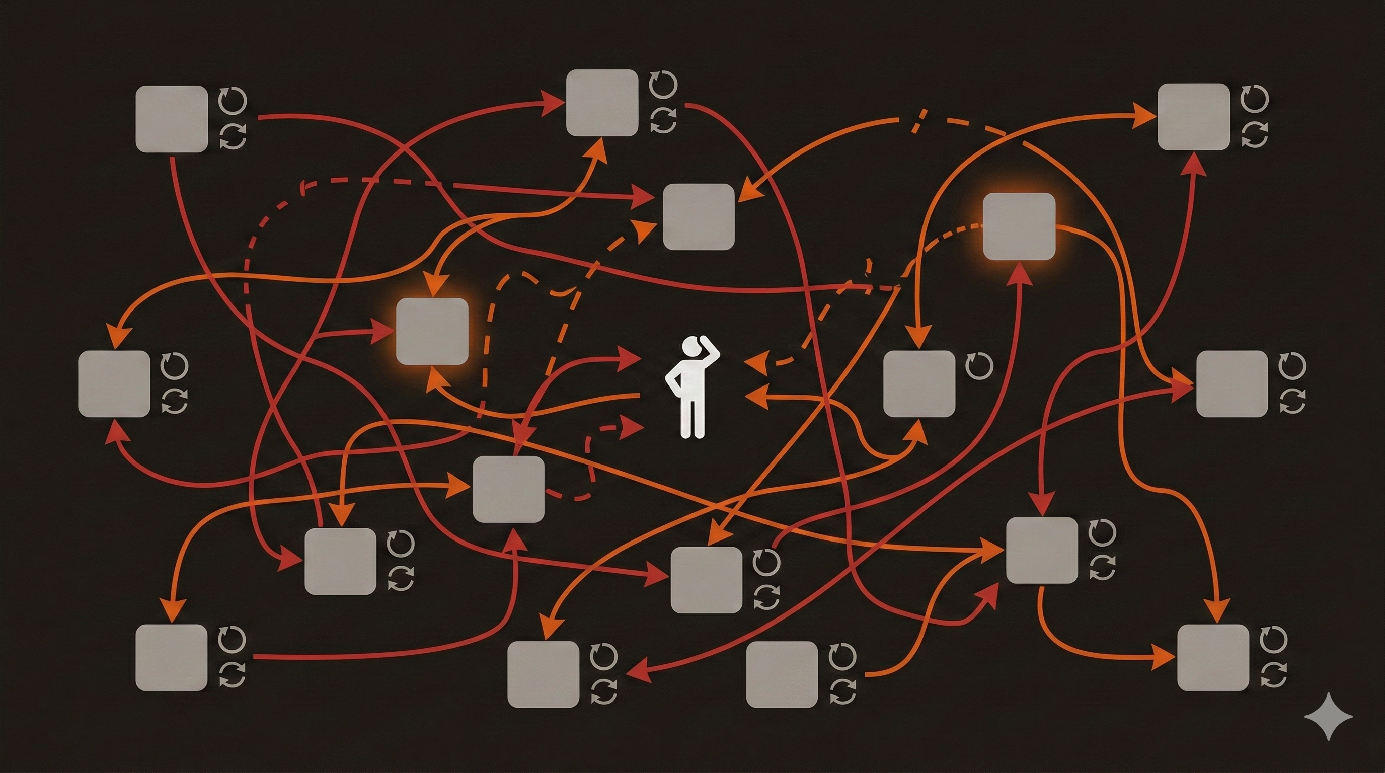Diagram showing the chaos of multi-repo microservices: tangled dependencies, duplicated CI, overwhelmed developer