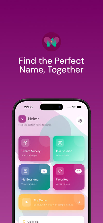 Neimr app showing swipe interface for name selection