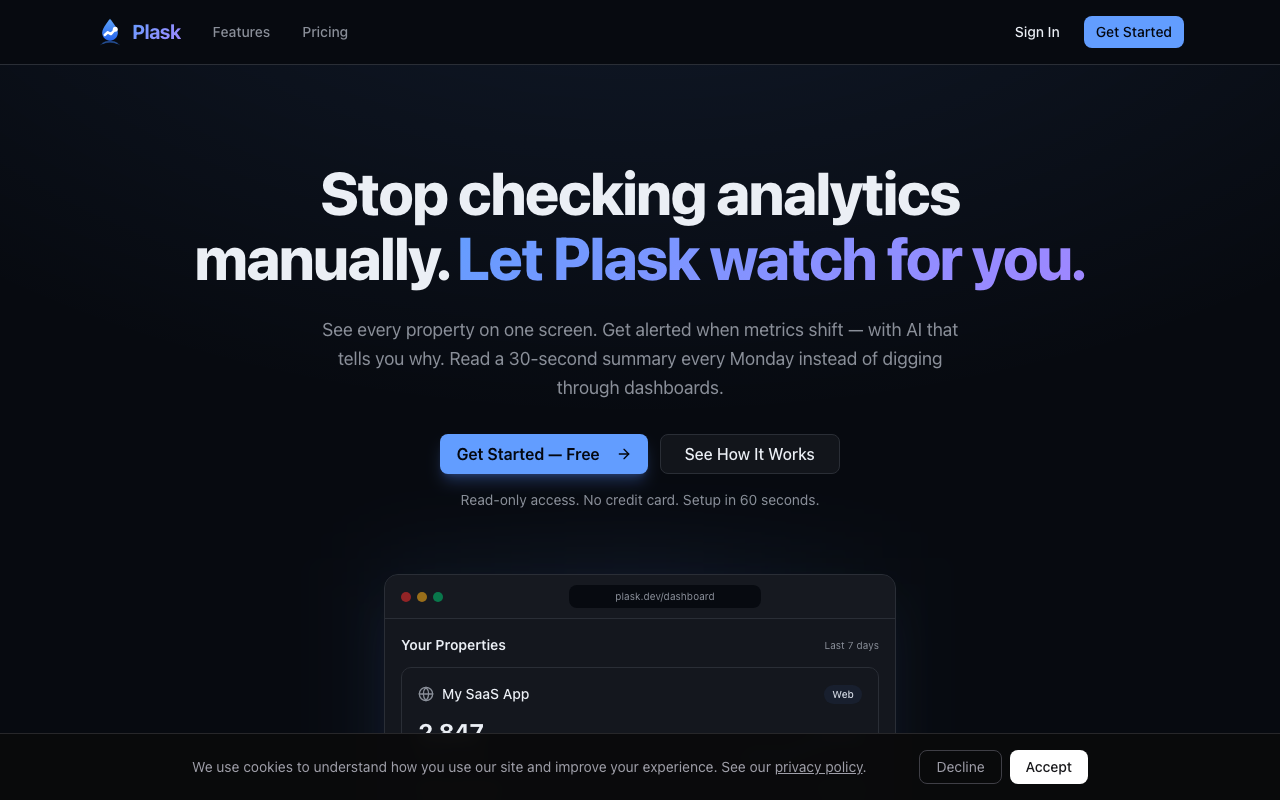 Plask dashboard showing GA4 properties with active users and session trends
