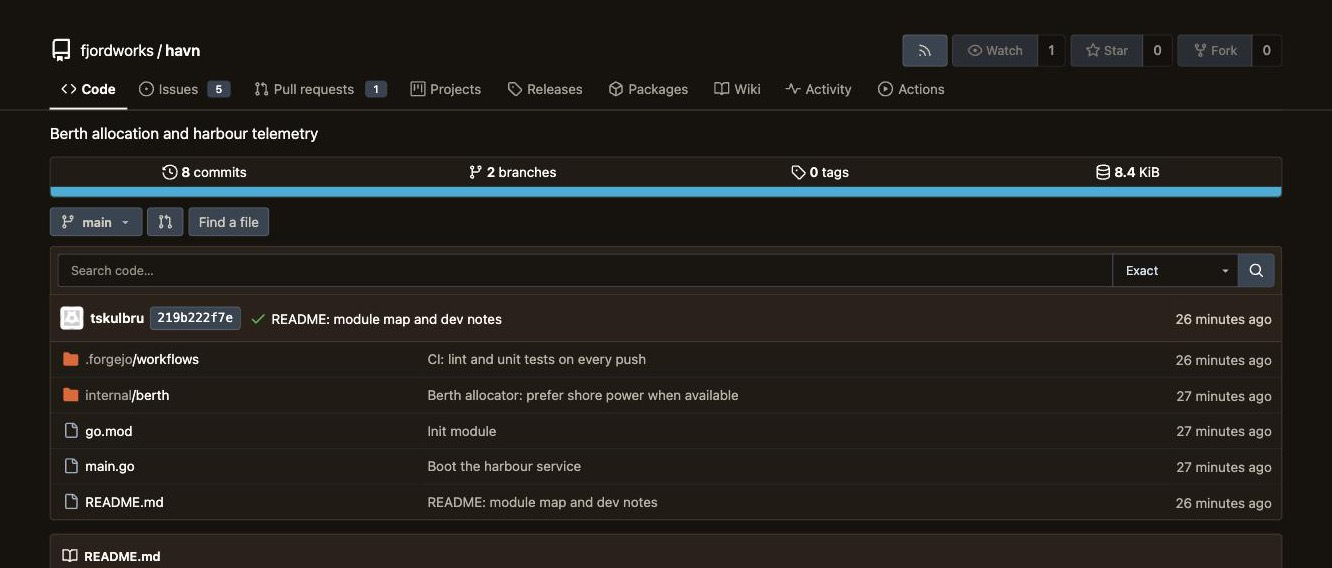 A repository on a Smia forge: file tree, commit messages and a green CI check on the latest commit