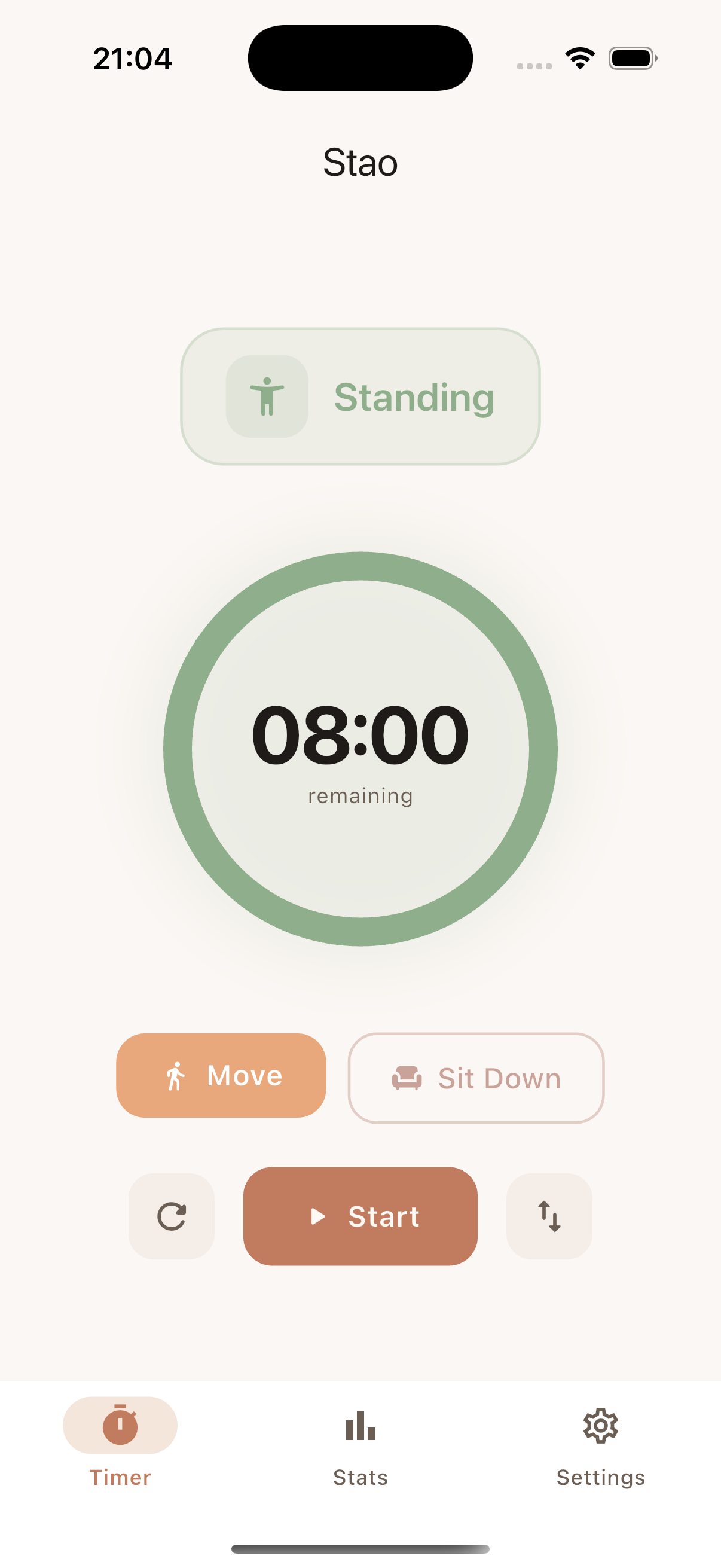 Stao main timer screen showing standing mode