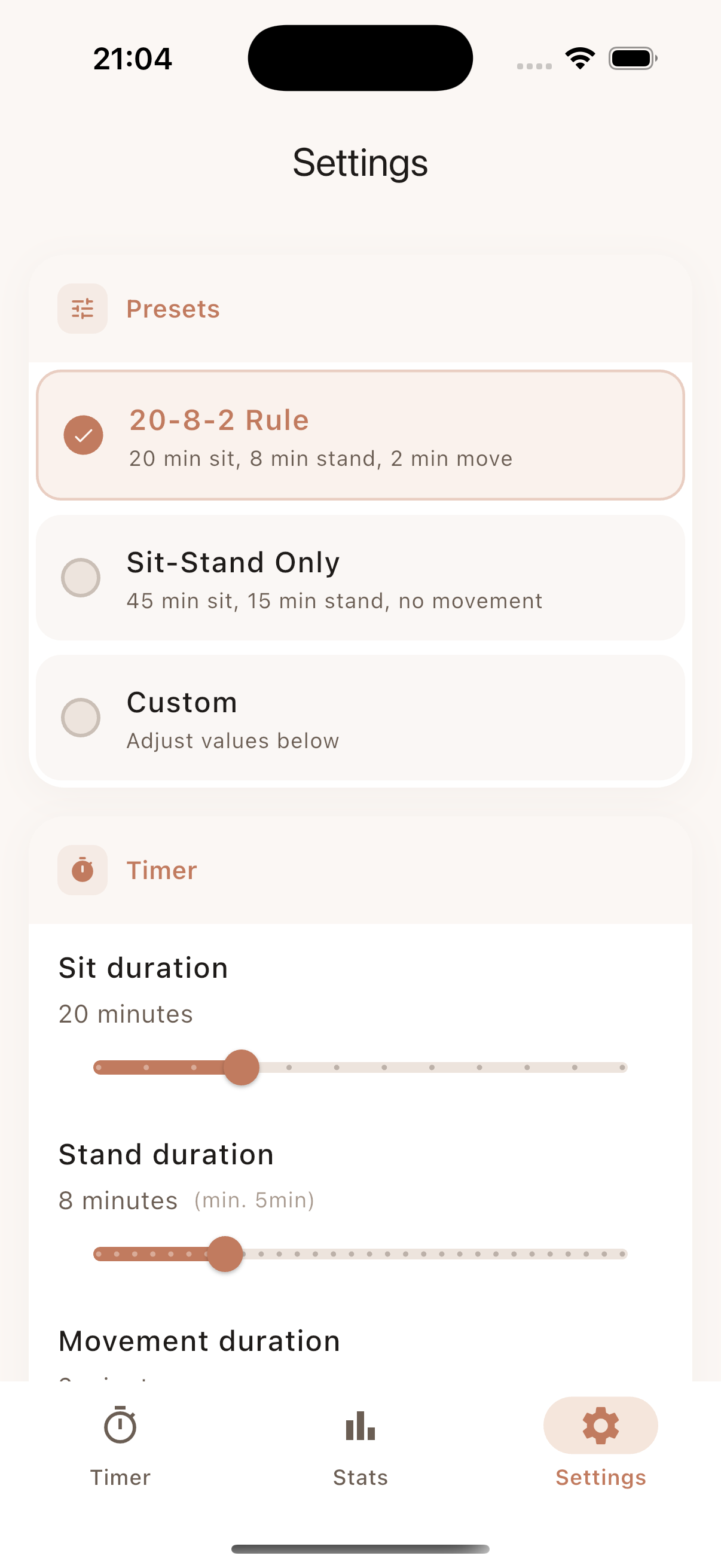 Stao settings screen for customizing intervals
