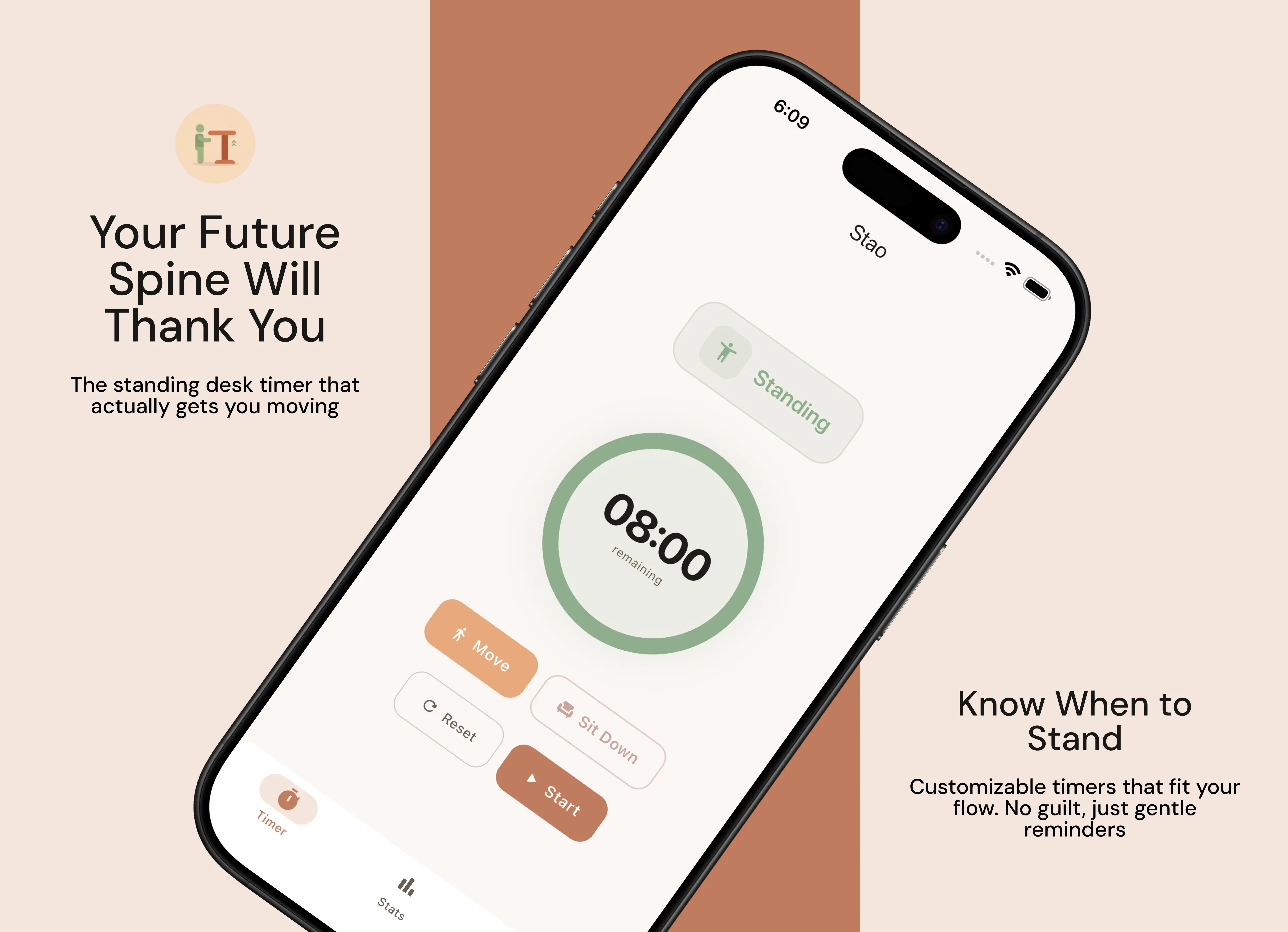 Stao app showing timer interface with sitting and standing modes
