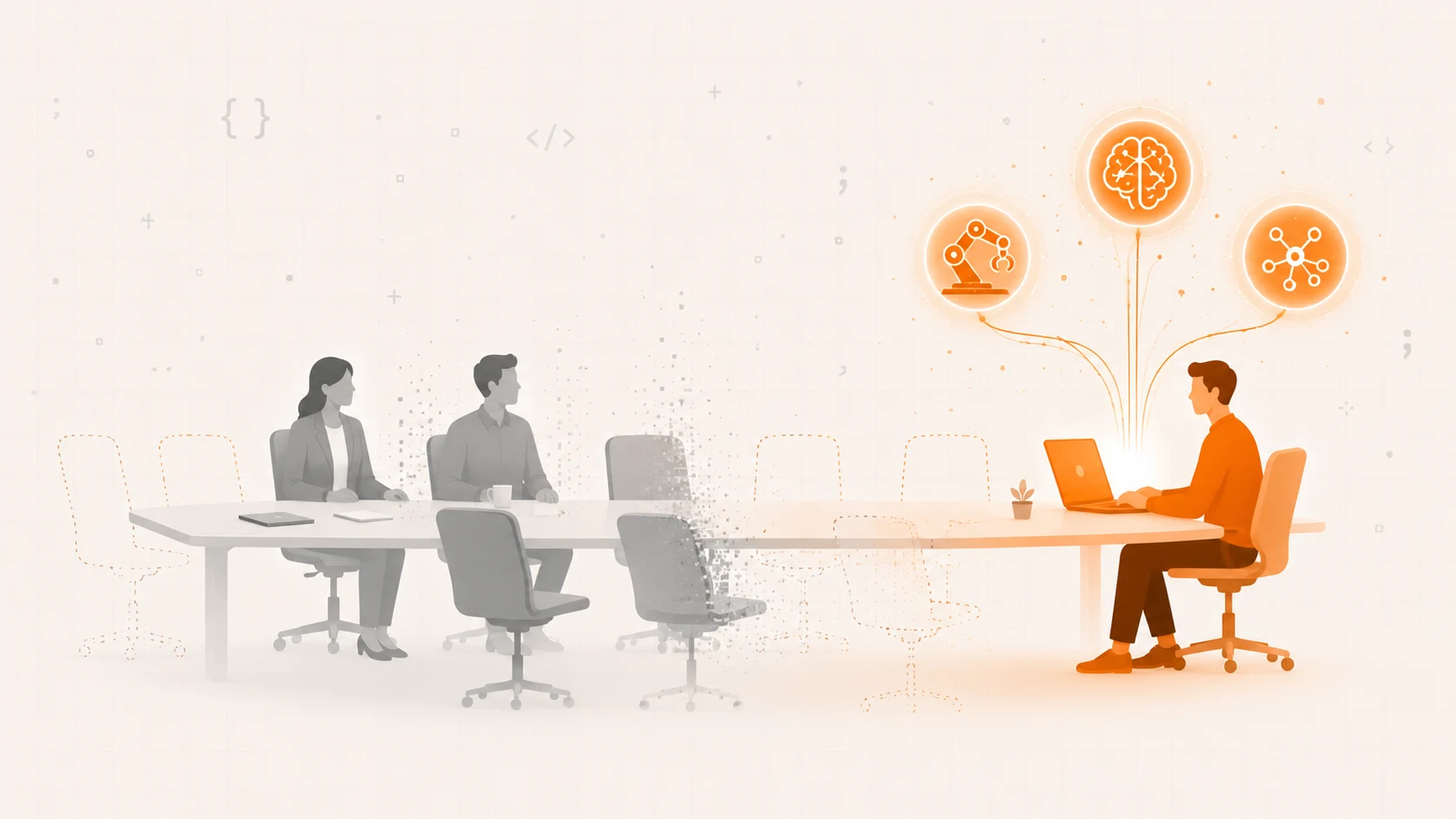 Empty chairs being quietly removed from a conference room while a single person at the head of the table works alongside several glowing agents